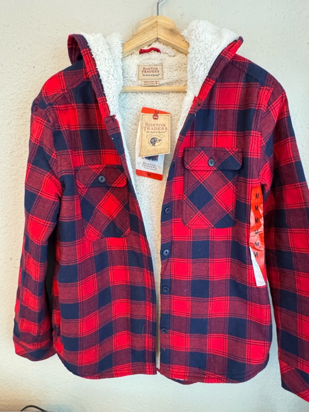 Boston Traders Womens Medium Red & Navy Plaid Sherpa-Lined Hooded Jacket Shacket